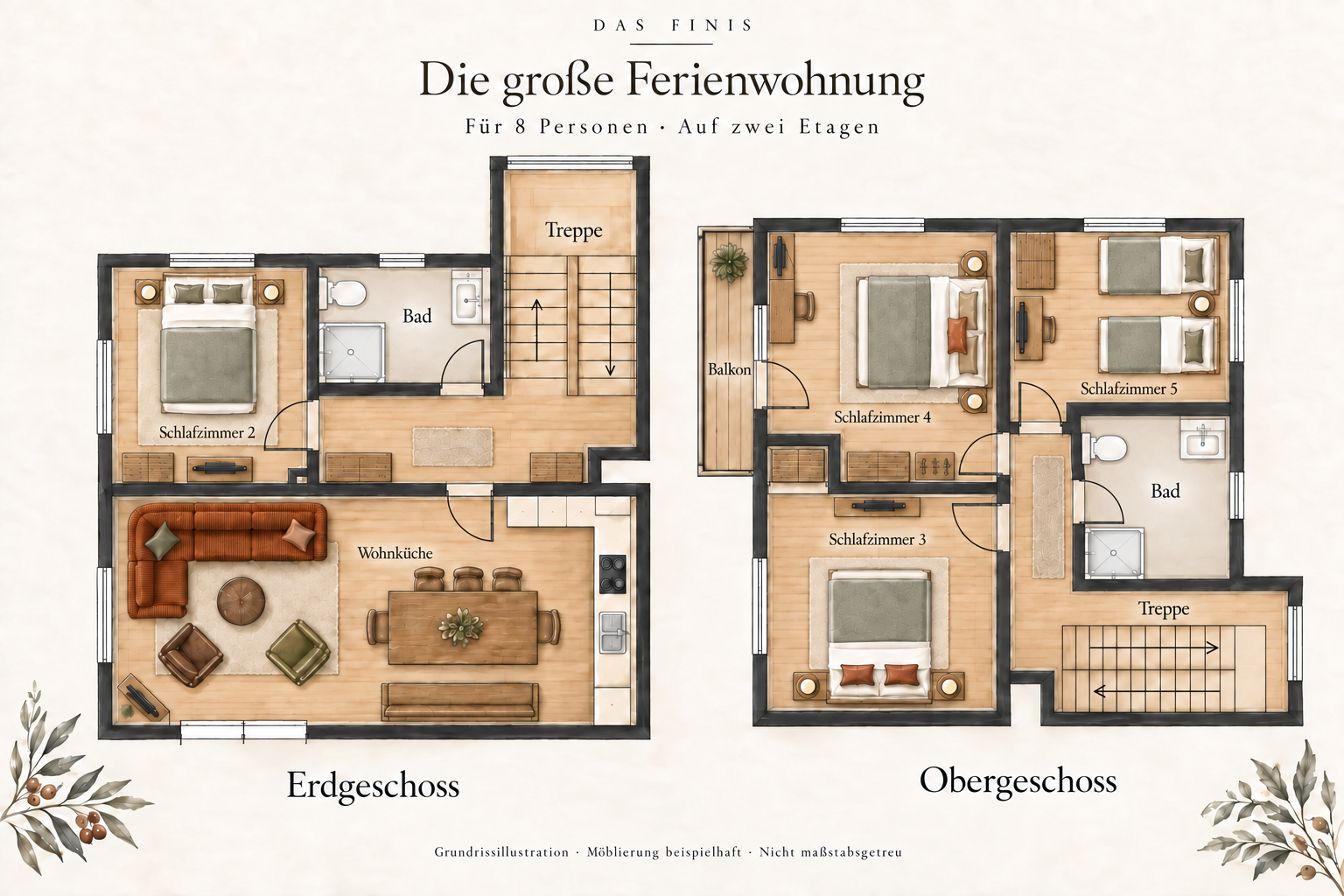 Grundrissillustration der großen Ferienwohnung über Erdgeschoss und Obergeschoss mit vier Schlafzimmern und zwei Bädern
