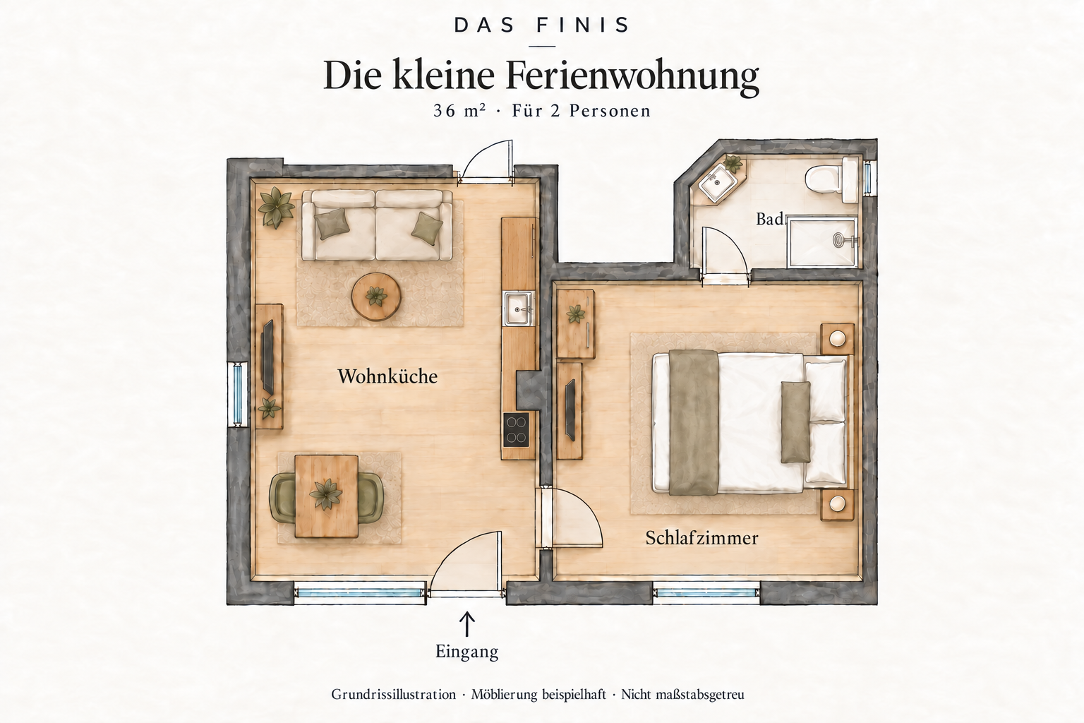 Grundrissillustration der kleinen Ferienwohnung mit Wohnküche, Schlafzimmer und Bad