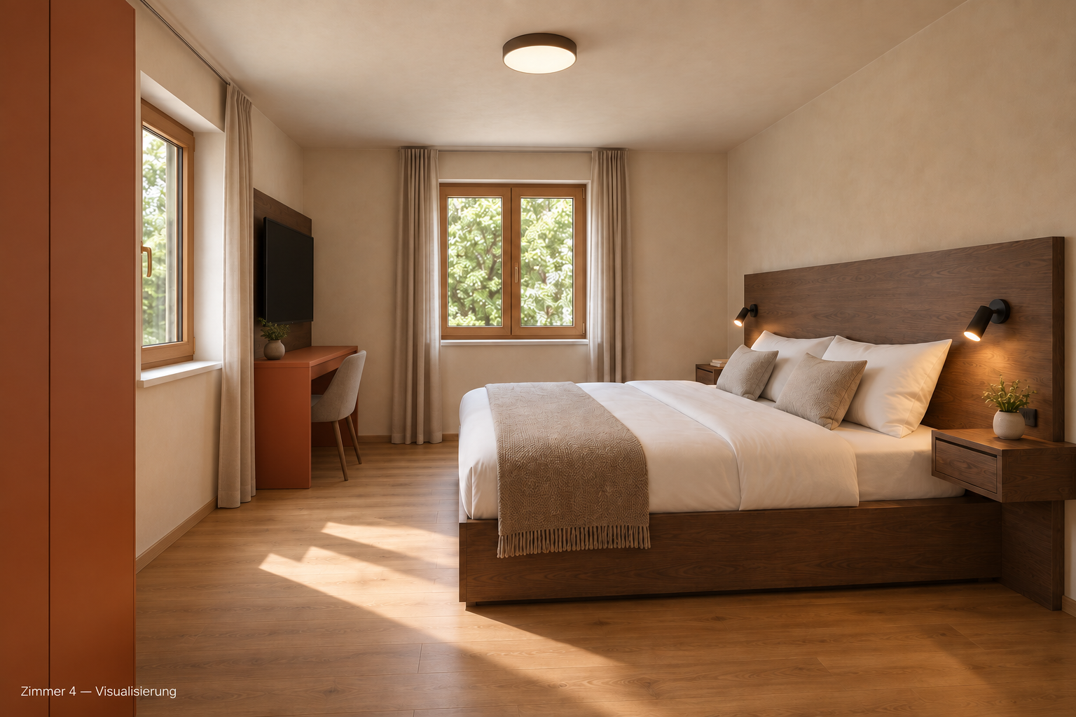 Visualisierung eines Schlafzimmers der großen Wohnung mit Arbeitsplatz