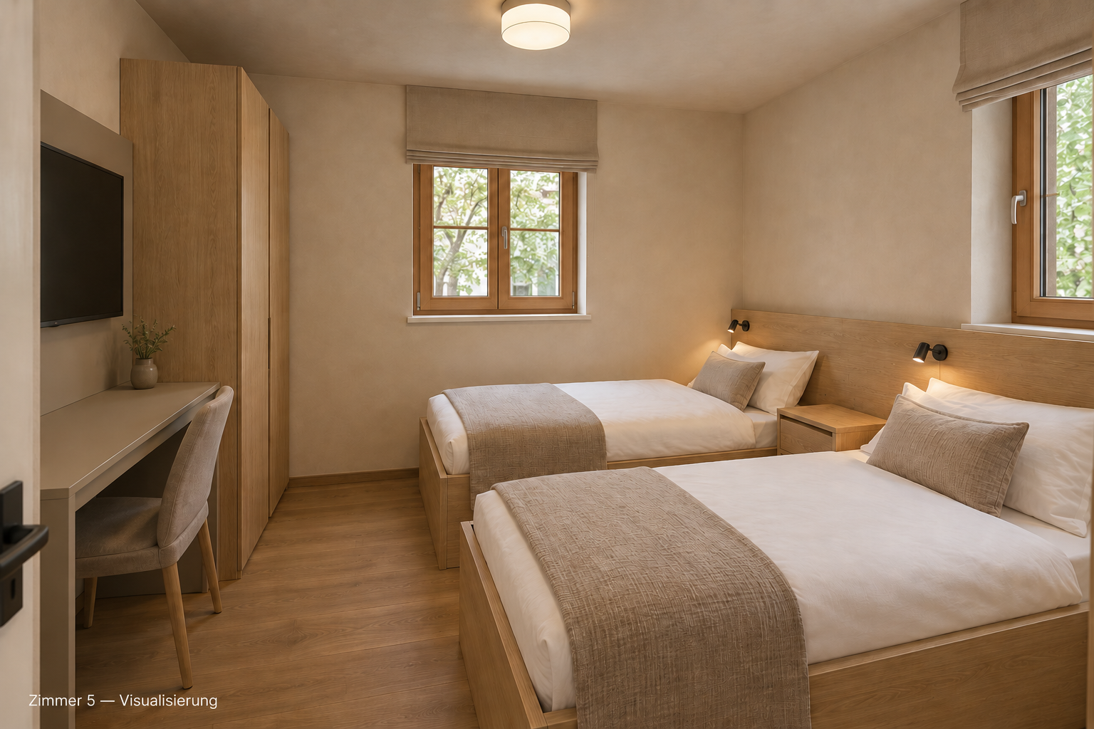 Visualisierung des Schlafzimmers mit zwei Einzelbetten in der großen Wohnung
